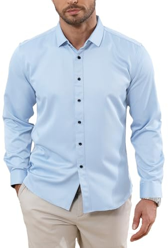 Halfword Camicia Uomo Maniche Lunghe Elegante Formal Business Casual Stretch Facile da Stirare Regular Matrimoni Party Azzurro L