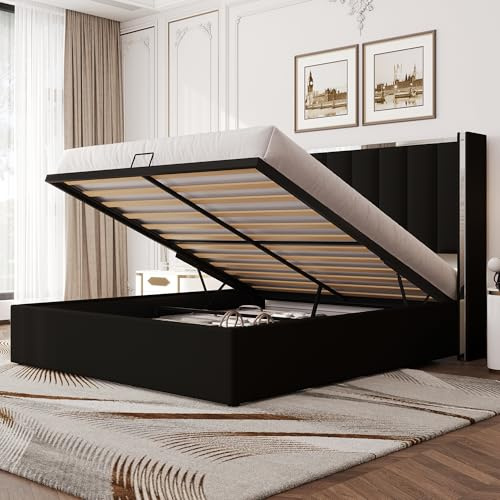 LUXOAK Lit Coffre 160 x 200 cm avec Sommier à Lattes, Tête de Lit 115 cm de Haut Miroir Chromé, Mécanisme de Levage Hydraulique, Velours Premium, Cadre en Bois Massif, Noir