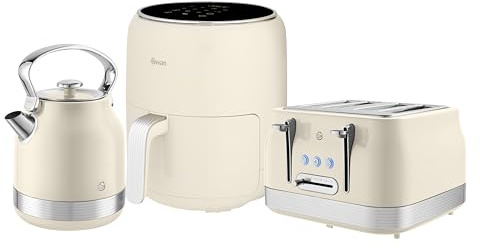 Swan Retro Kitchen Set, Rapid Boil 1.7L Kettle, 4 Slice Toaster with 7 Browning Levels, and 4.5L Digital Air Fryer, 1500W, Cream, SK14631C & ST19029C & SD10513C