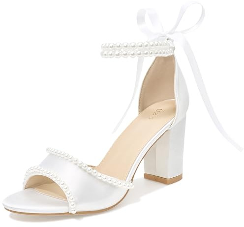 Perphy Pearl Lace Up Block Heel Satin Sandals for Women White 6.5 UK/Label Size 8.5 US
