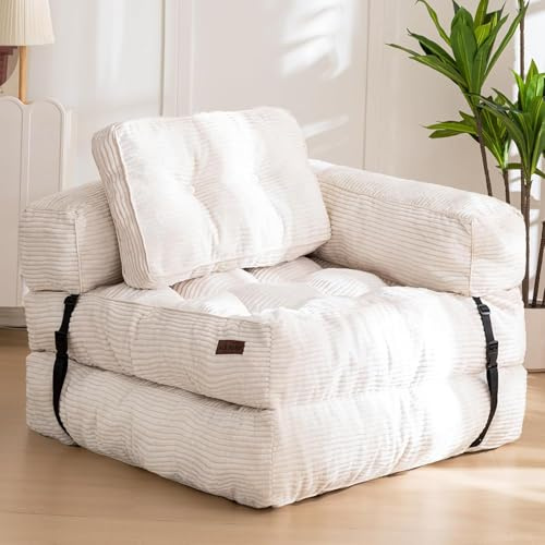 MAXYOYO Foldable Sofa Bed,Bean Bag Couch Convertible Sleeper Chair with Armrest L-Shaped Floor Lounge Sofa with Pillow Portable Lounge Seat for Bedroom & Living Room