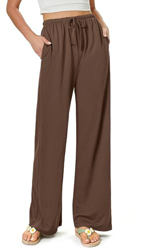 Glacspyg Mujeres Fluyente Ancho de la Pierna Pantalones Casual Pantalones de Playa cuella Alta cordón Palazzo Pantalones con Bolsillos