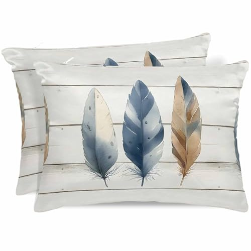 Gusidachig Blue Brown Feathers Satin Pillowcase for Hair and Skin with Zipper, Soft Breathable Cooling Silk Pillow Cases, Boho Vintage Wooden Grain Throw Pillow Covers King Size 20x36 Set of 2