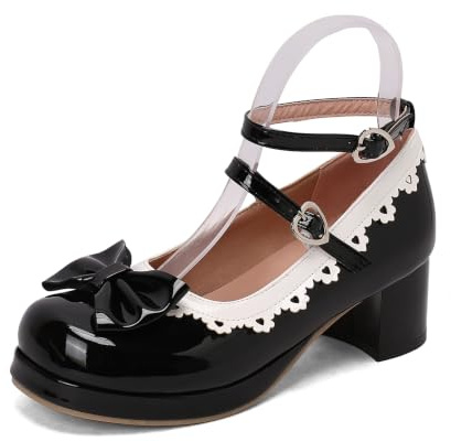 TNMIUH Women Lolita Mary Jane Shoes Patent Leather 5cm Chunky Heels Pumps