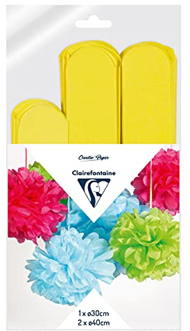 Clairefontaine 395415C Set mit 3 Pompons Seidenpapier, Ø 30cm x1 + Ø 40cm x2, ideal für Deko und Bastelprojekte, 1 Set, Zitronengelb