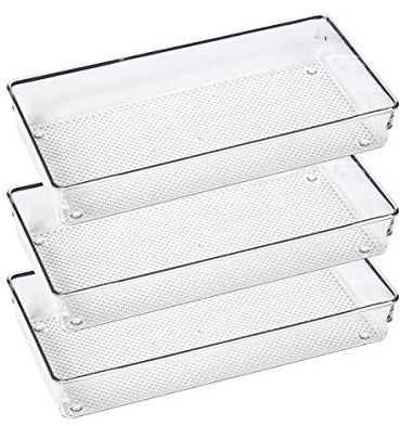 ihomecooker 3 Pack Large Clear Plastic Drawer Organizer Tray Cutlery Utensil Makeups Drawer Organizers 12 X 6