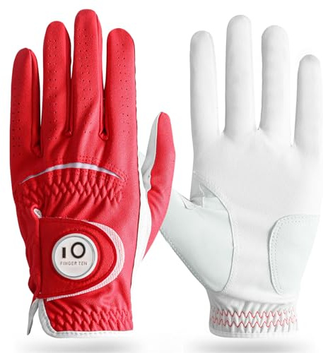 FINGER TEN Guanti da golf da uomo per mano destra sinistra in pelle con marcatore per palline, confezione convenienza per tutte le condizioni atmosferiche, guanti da golf da uomo resistenti all'usura