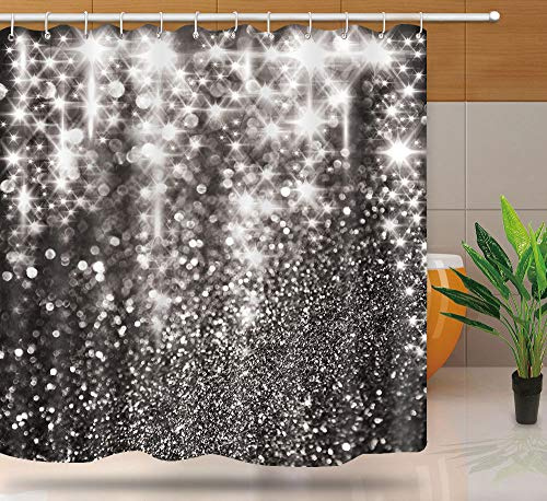 Silver Grey Glitter Shower Curtain, Stars Spots Sparkling Bath Curtains, (Not Glitter) Bathtub Curtain, Washable Upgrade Fabric Bathroom Accessories Set with 12 Hooks, 72 x 72 Inches, YLYYNT395