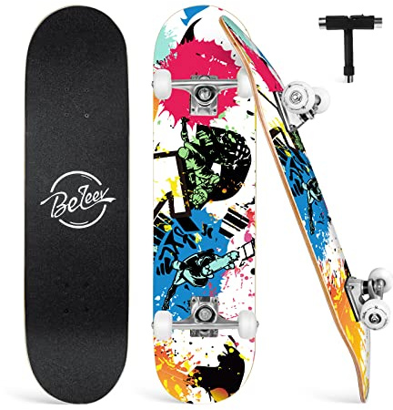 BELEEV Skateboard 31x8 inch Komplett Cruiser Skateboard för Barn Tonåringar Vuxna, 7-lagers Kanadensisk Lönn Dubbel Kick Deck Konkav med Allt-i-ett Skate T-verktyg för Nybörjare, Ruttna