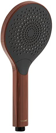 WENKO Cabezal de ducha Watersaving Wood, ducha de mano de plástico con aspecto de madera noble, ahorra agua con total comodidad con 3 tipos de chorro, conexión universal de ½, Ø 12 cm, marrón/negro