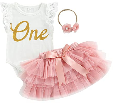 Loalirando 3 Pz Completo Elegante Neonata Abito Principessa Bambina Pagliaccetto con Maniche Corte in Pizzo + Tutu Gonna in Tulle Rosa + Fascia per Neonata (Rosa Pizzo, 12-18 Months)