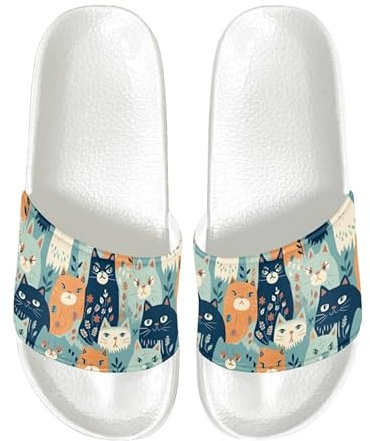 Semioury Cartoon Cat Art Flower Home Slippers for Non-Slip Quick Drying Women Cute Animal Kitten Open Toe Shower Bathroom Slippers EVA Rubber Slippers