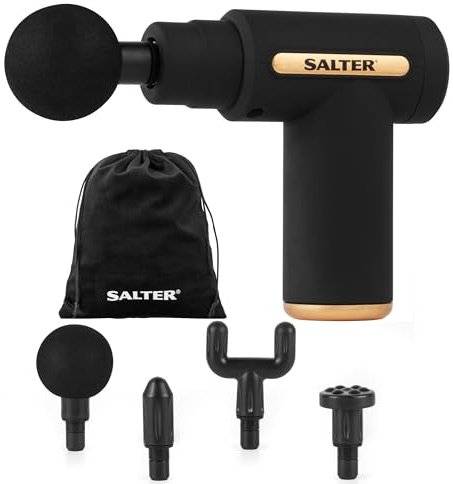 Salter EE7427BLKSTKEU7 Mini Massage Gun – 4 Massage Heads, LCD Panel, Electric Handheld, Rechargeable, 6 Intensity/Speeds, Includes Carry Bag and USB, Relaxation, Deep Massage, Tension Relief, Black
