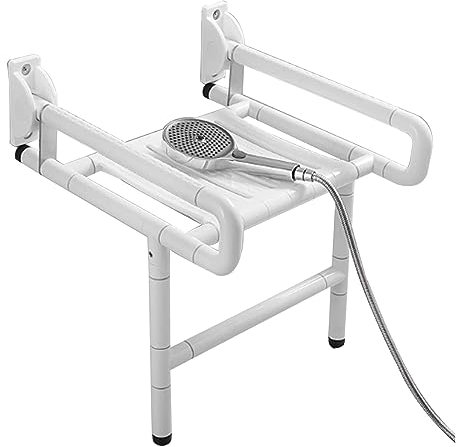 EEUK Duschsitz mit armlehnen klappbar wandmontage, Duschsitz wandmontage duschklappsitz klappsitz dusche bis 300kg Badezimmerhocker aus Edelstahl für Schwangere, Senioren, Behindert(Color:White)