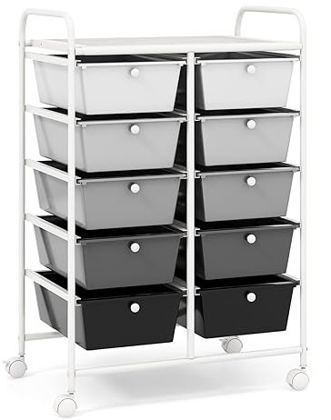 GOPLUS Rollwagen mit 10 Schubladen stapelbar, Rollcontainer mit Ablage & Metallgestell, Badregal, Aufbewahrungswagen, für Büro, Zuhause (Weiß, Grau, Schwarz)