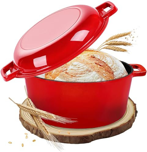NSIRONS Pentola in ghisa per pane, arrosto con coperchio, pentola smaltata 2 in 1, ideale per il pane da 26 cm, pentola per il pane, pentola per il pane, pentola in ghisa per tutti i piani cottura