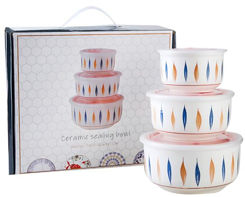 lcvtos Cuencos de Cerámica con Tapa, Juego de 3 Cuencos Encajables, Aptos para Horno, Microondas y Lavavajillas. Cuencos de Porcelana para Almuerzo y Almacenamiento de Cocina(250/500/750 ml) (A)