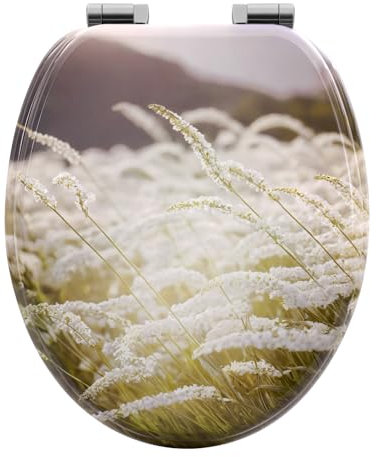 WOLTU Toilettendeckel mit Absenkautomatik Holz, Toilettensitz Klodeckel Klobrille WC Sitz O-Form mit Scharnieren, Quick-Release Funktion für leichte Reinigung, Schilf Motiv