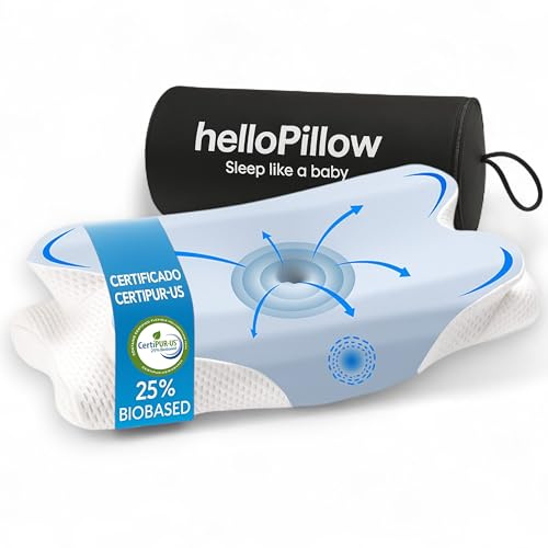 HelloPillow - Almohada Cervicales y Cuello de Espuma Viscoelastica, Almohada Ortopedica, Almohada Ergonómica para Dormir de Lado y Boca Arriba, 60 x 35 x 8/12 cm | (Azul)