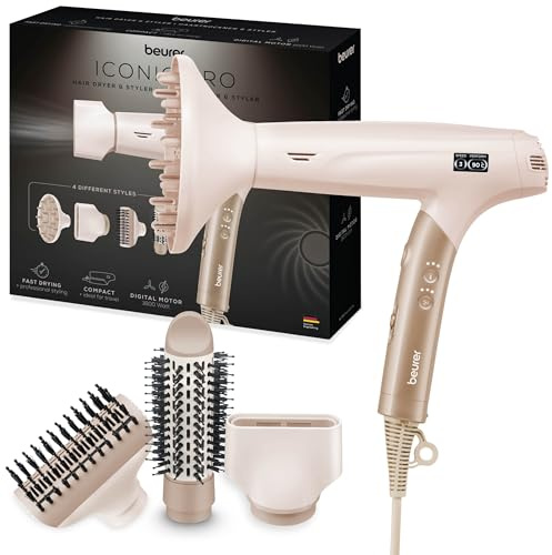 Beurer HC 150 FusionDry Pro hårtork, ultralätt fön med kraftfull digitalmotor, ergonomiskt vikbart handtag perfekt för resor, jonfunktion för glänsande hår, inkl. 4 stylingmunstycken