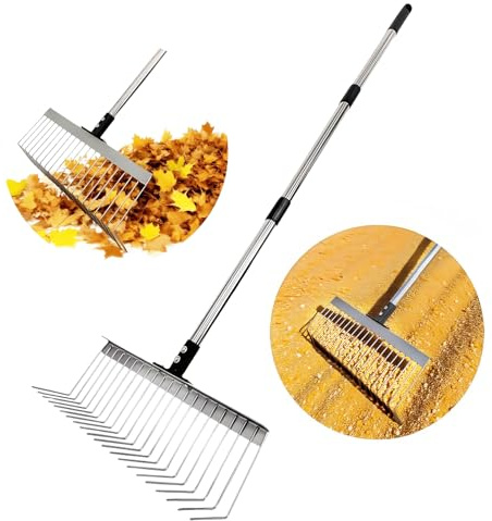 Rastrillo de jardín con mango de 125 cm Rastrillo de césped de metal pequeños rastrillos de arbustos estables rastrillos de hojas herramienta de jardinería para limpiar, césped y patio de trabajo al
