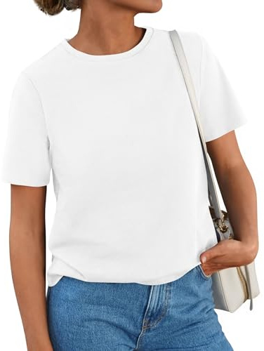 PRETTYGARDEN Womens Short Sleeve Tops Summer 2026 Casual Crewneck Cotton Basic Tee Shirts Fashion Clothing Spring Outfits(White,Large)