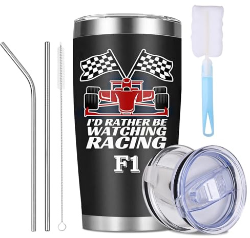F1 Racing Insulated Tumbler 20oz - Stainless Steel Thermal Mug with 2 Lids (Slider Lid + Push-Button Lid) + 2 Straws (Bent + Straight) + Straw Brush + Cup Brush, Insulated Coffee Cup Complete Kit