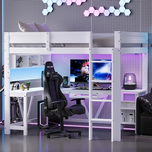 Cama alta 90x200 cm con LED y USB, litera con escritorio, espacio de almacenamiento, cama individual gaming para niños con cargador, varios compartimentos, estructura de madera, sin colchón (Blanco)