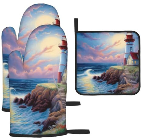 Lighthouse Diamond Painting Print Oven Mitts and Pot Holders Sets of 3 Heat Resistant Kitchen Oven Gloves Hot Pads with Extended Coverage for Home Kitchen Decorations Cooking Baking BBQ Gifts