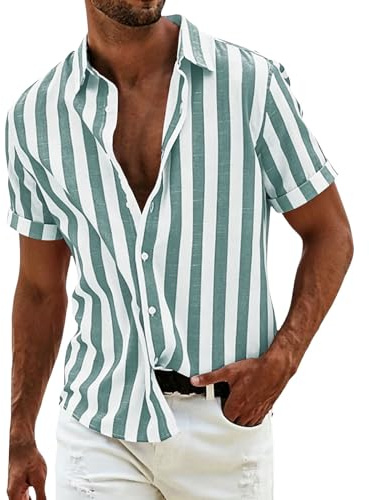 Chemise rayée en coton et lin pour homme, style décontracté, à manches courtes, à manches courtes, léger, rayé, bloc de couleurs, haut de plage d'été