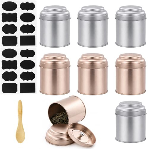 8 cajas de té para té a granel con doble tapa hermética, caja redonda de 50 g, pequeños recipientes de cocina para almacenar té, café, azúcar, hierbas y especias, plata