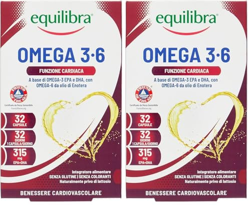Equilibra Omega 3 6, Integratore Olio di Pesce con EPA e DHA per la Normale Funzione Cardiaca, Cerebrale e Visiva, con Omega 6 da Olio di Enotera e Vitamina E, 32 Capsule (Confezione da 2)