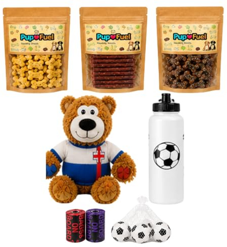Pup Fuel Dog Football Gift Box with Sausages, Cheese Bones, Beef Liver, Water Bottle, Ball & Teddy all Football themed and 2 rolls of poop bags for Small and medium Dogs