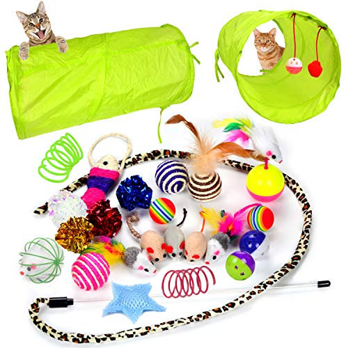Youngever 24 Stück Katzenspielzeug Set mit Katzentunnel, Bälle, Federspielzeug, Plüschspielzeug, Spielzeugmäuse Katzen Spielzeug für Kitty Katzen, Welpe, Kätzchen