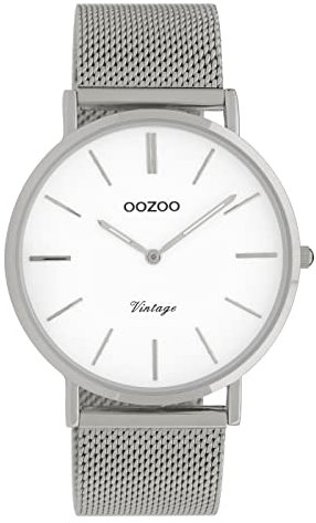 Oozoo Vintage Damenuhr mit massivem grobmaschigem Edelstahl Milanaise Metallband 40 MM Silberfarben/Weiss C9901