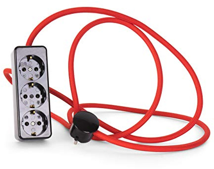 3-Fach Steckdosenleiste aus Duroplast (Bakelit-Optik) schwarz, mit 2.5 Meter Textilkabel Zuleitung, Rot