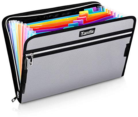 Fireproof Safe Waterproof Accordion File Bag Folder Expanding Filing Folder with 14 Multicolored Pockets, A4 Letter Size, Document Organizer Holder and Color Labels /2 Zipper (Silver 14.3 x 9.8)
