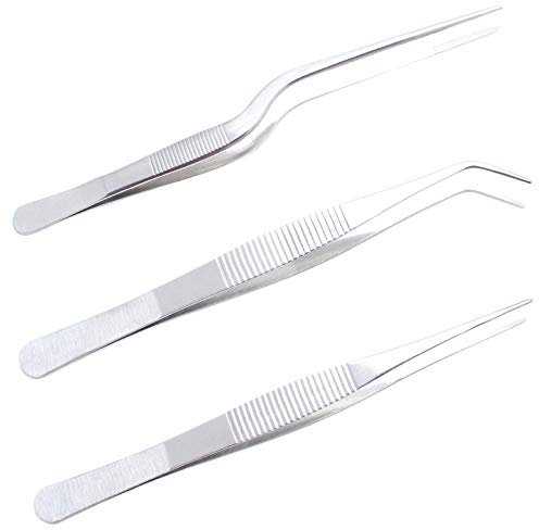 saizone Pinzette da Cucina 3 Pezzi, Pinze Cucina,Pinze per Alimenti da Cucina in Acciaio Inox, Pinzette Dritte, Pinzette Curve, Set di Pinzette, Pinzette da 16 cm / 6 Pollici, Argento