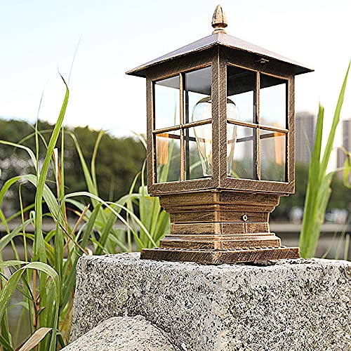 Mengjay Trade Lámpara de poste Patio Retro de vidrio y aluminio Lámpara de columna E27 exterior Puertas de valla de patio antióxido LED Luz de poste impermeable IP23 Villa Jardín Decora (Gold)