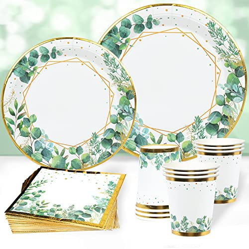 Juego de platos y servilletas de papel verde salvia,96pcs vajilla desechable de fiesta de oro verde para suministros de fiesta de cumpleaños,baby shower,decoraciones safari en la jungla
