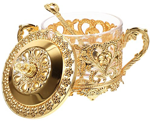 Luxshiny Iron-Art Sugar Canister with Lid - Vintage Glass Candy Jar for Home Kitchen Storage - Decorative Spice Container for Sugar Snacks and Seasonings