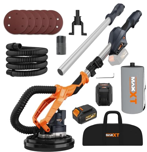 MAXXT 20V Brushless Cordless Wall Sander: 600-1200 RPM stepless speed control, self-extraction dust system, 225mm disc for efficient sanding, foldable design (extends 110-165cm) for walls and ceilings