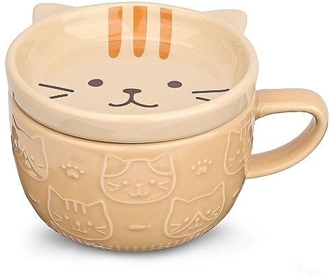 JNSMFC Cute Ceramic Cat Coffee Mug with Lid,Kawaii Coffee Mugs or Tea Cups,Funny Novelty Breakfast Mugs for Women Wife Mum Girls Boys Friends Kids Christmas Birthday Gift,300ML（Yellow）