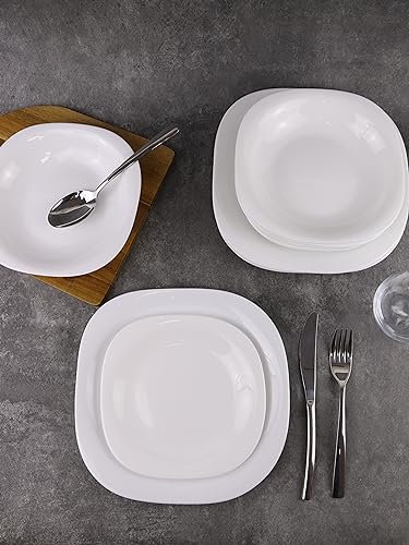 12/24 Pc Dinner Set Bowl Side Dinner Plate 12 or 24 Piece Smooth Plain or Wavy Service Set Dessert Cereal Bowl Plates (12 pc - Hudson - Square)