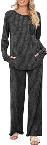 SotRong Two Pieces Ribbed Fluffy Loungewear Sets for Women Uk Ladies Cosy Matching Leisure Wear Long Sleeve Maternity Pyjamas Set Dark Grey M