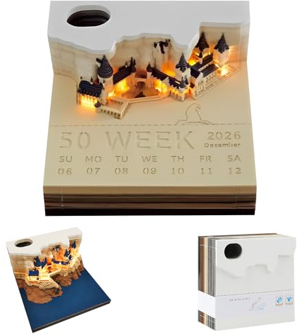 Calendario da Tavolo 2026 Memo Pad con luci a LED, Calendario 2026 Blocchi 3D Magic Castle per appunti, 3D Calendar da scrivania Fai da te Intaglio di Carta Artigianato