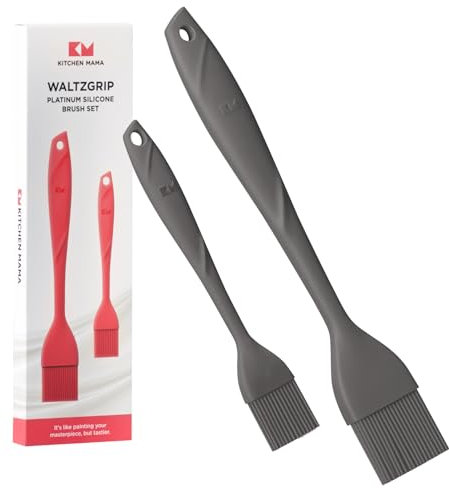 Kitchen Mama WALTZGRIP Platinum Silicone Basting Pastry Brush : Set of 2 Heat-Resistant for Cooking, Baking, Pastries, Grilling, Spreading Oil, Butter, BBQ Sauce, Eggs, Dishwasher-Safe (Metal Grey)