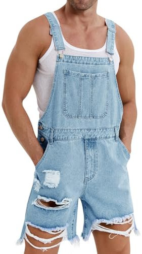 Runcati Latzhose Herren Denim Shorts Baumwolle Sommer Lätzchen Overall Jeansanzug Blau M