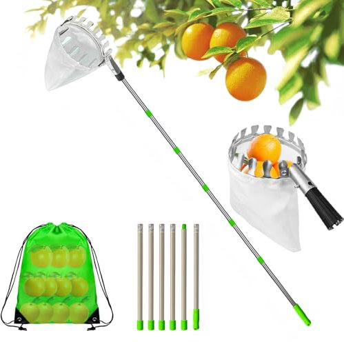 LUFEIS Obstpflücker, 2.4m Obstpflücker mit Teleskopstiel, Kirschenpflücker mit Baumwollbeutel, Obstpflücker für Kirschen, für Die Ernteernte Apfel-Zitrus-Birnen-Pfirsich Usw