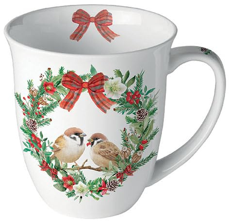 Atmosfär mugg kaffekopp tekopp 0,4 l fint ben Kina porslin serie sparrows in wreath fåglar sparrage grenar vinter jul advents